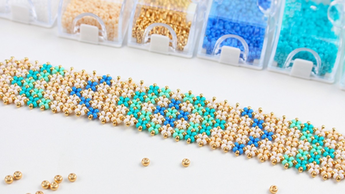 Schéma Bracelet manchette turquoise et crème en rocaille Miyuki 11/0 technique du Pondo Stitch