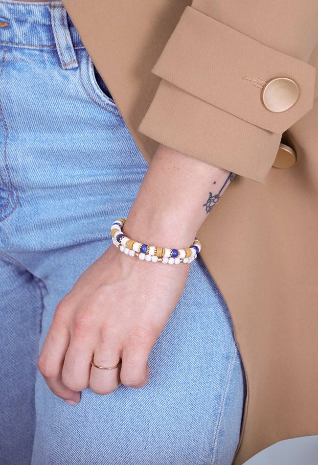 Schéma Bracelet Jonc deux tours avec pierre Lapis Lazuli, sodalite, pierre de lave et perles Heishi