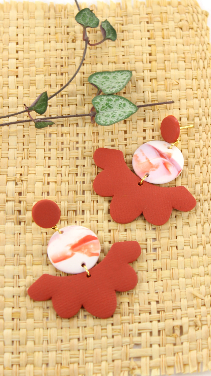 Schéma Boucles d'oreilles fleurs en polymère texture tissu et effet marbré