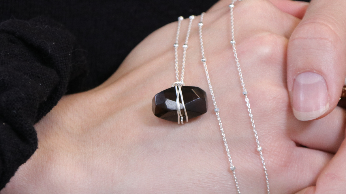 Collier chaîne boule en Argent 925 et pendentif en Quartz fumé