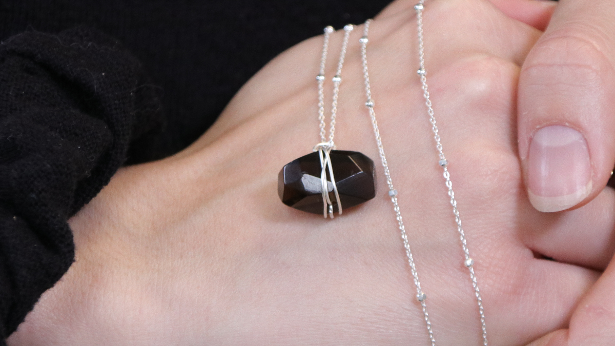 Schéma Collier chaîne boule en Argent 925 et pendentif en Quartz fumé