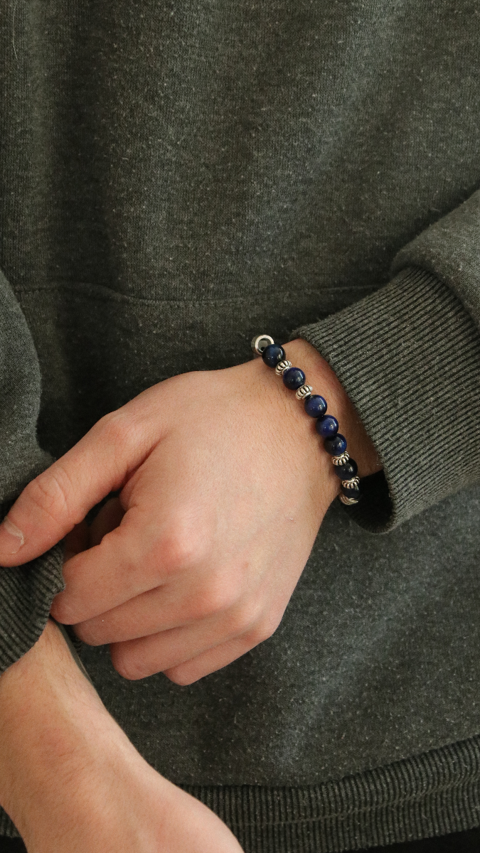 Schéma Bracelet élastique homme avec perles en pierre gemme oeil de tigre teinté bleue