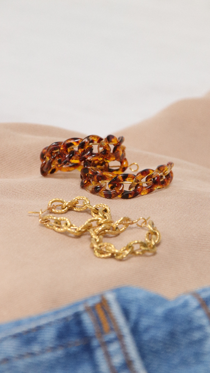 Schéma Boucles d'oreilles créoles grosses mailles acier inoxydable doré et acrylique