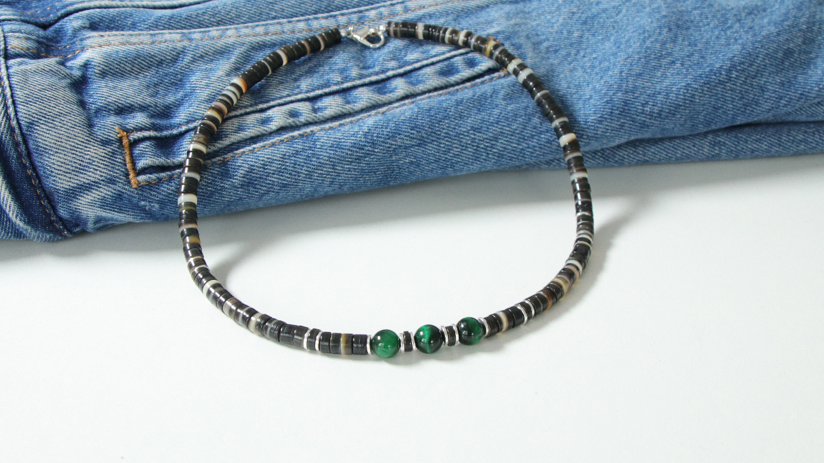 Schéma Collier surfeur pour homme heishis et oeil de tigre