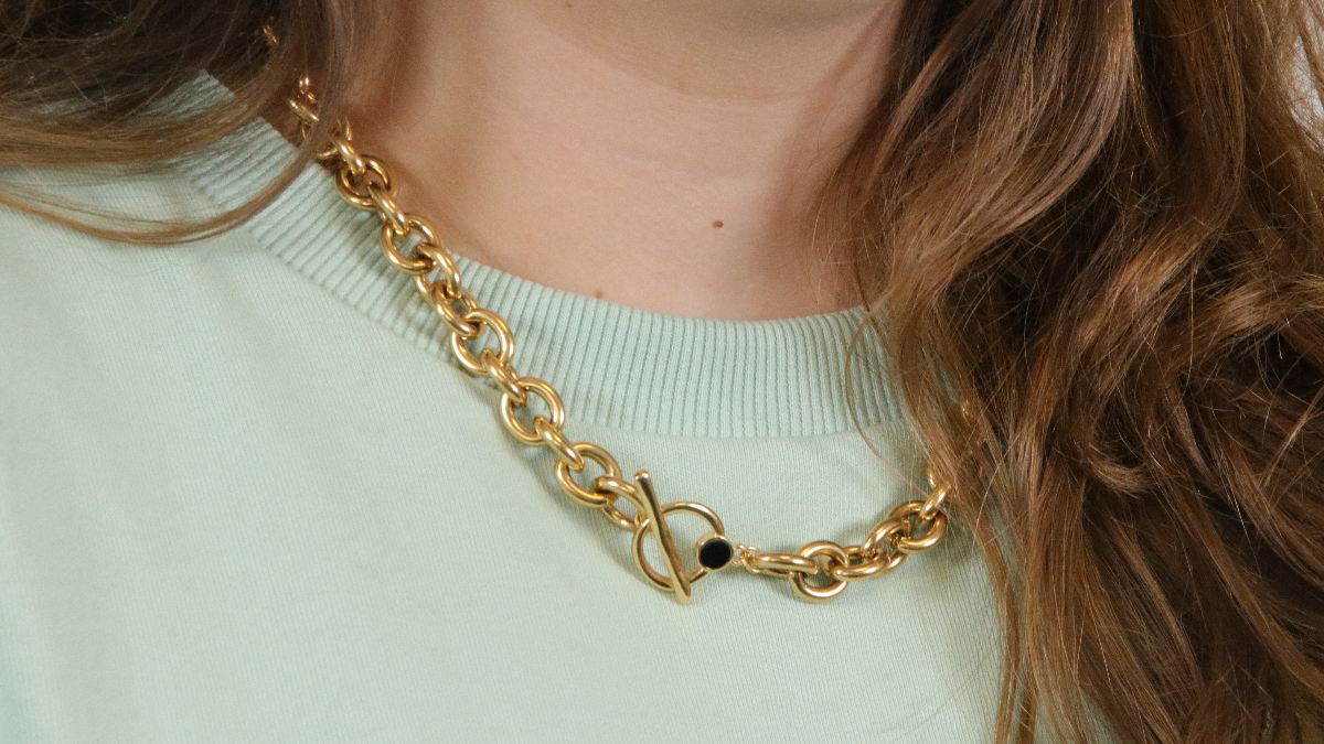 Schéma DIY - Collier grosse maille en acier inoxydable doré avec fermoir T