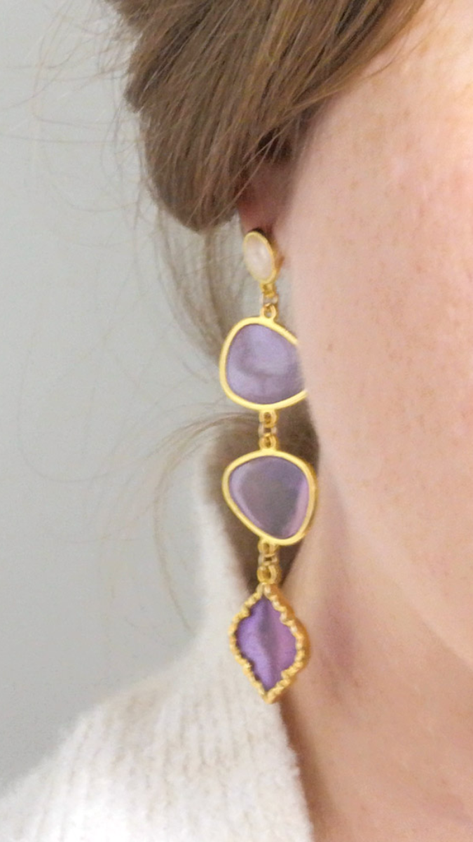 Schéma Boucles d'oreilles pendantes violettes résine époxy effet vitrail