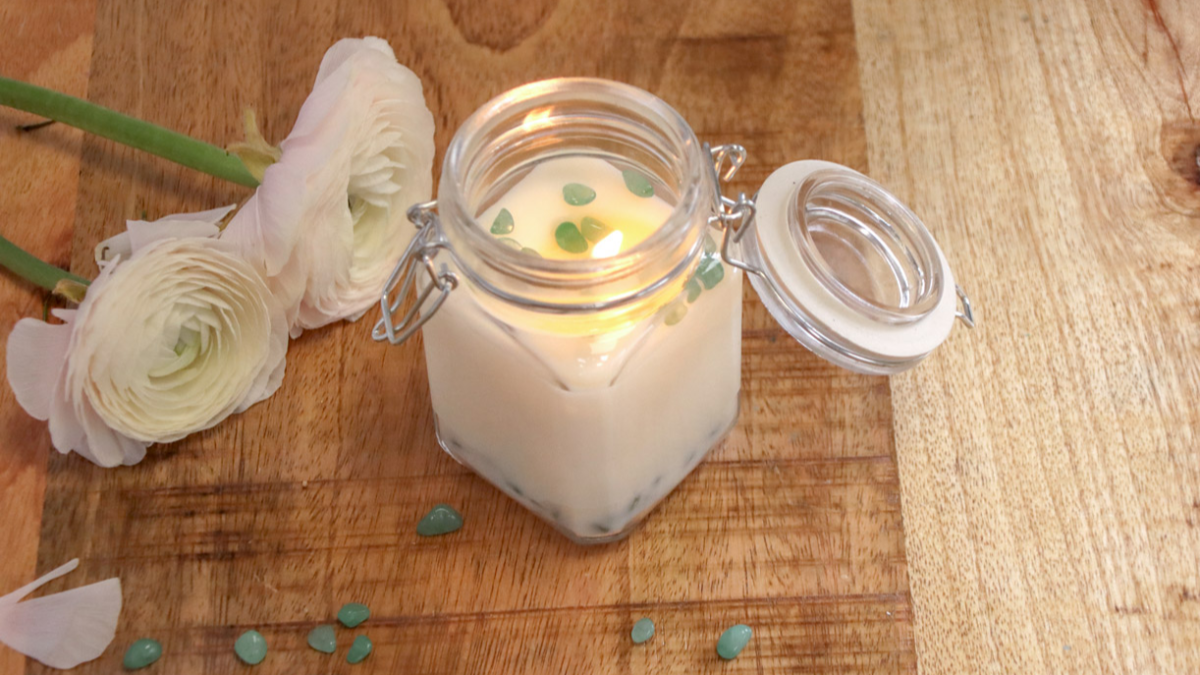 DIY Bougie Cire de Soja et pierres gemmes Aventurine