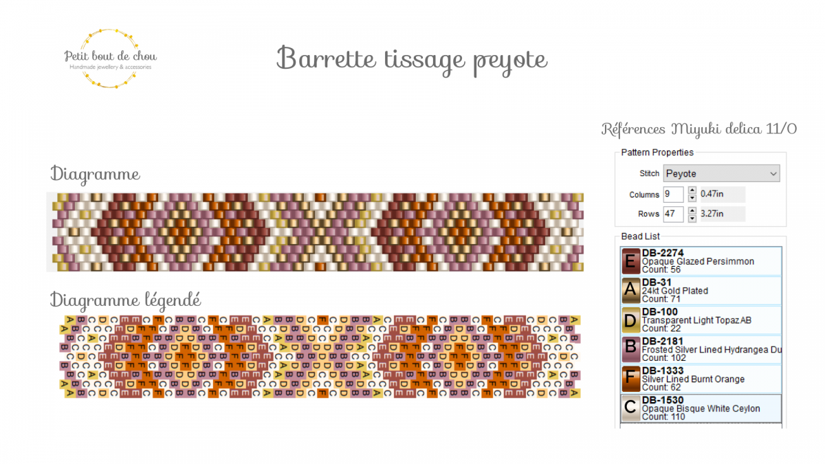 Schéma Barrette à cheveux avec tissage peyote en perles Miyuki