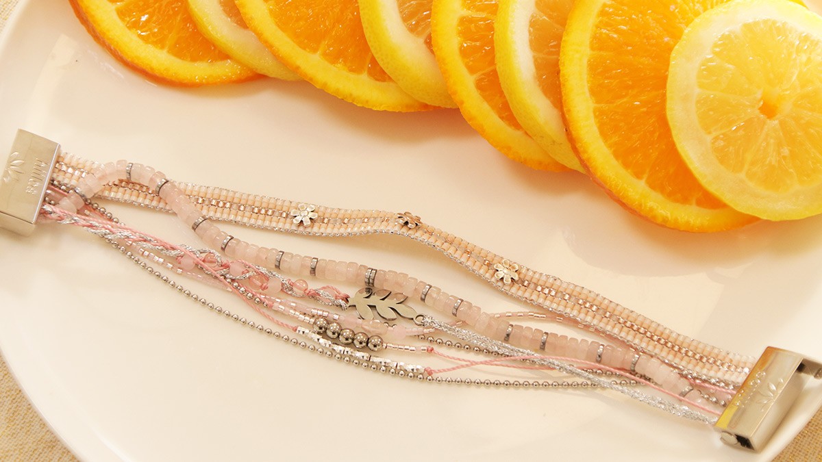 Bracelet multirangs effet stacking en quartz rose et acier inoxydable avec fermoir Hiilos