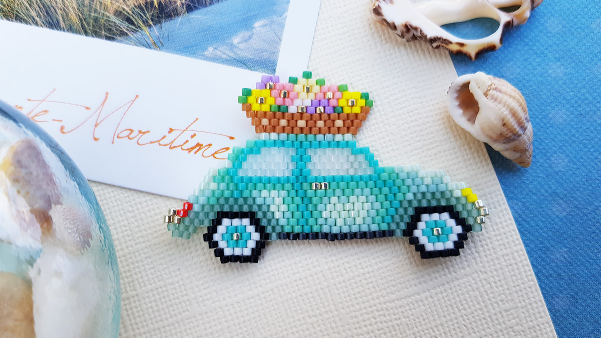 Schéma Voiture coccinelle et panier de fleurs en tissage de perles Miyuki Délicas 11/0 par Coeur Citron