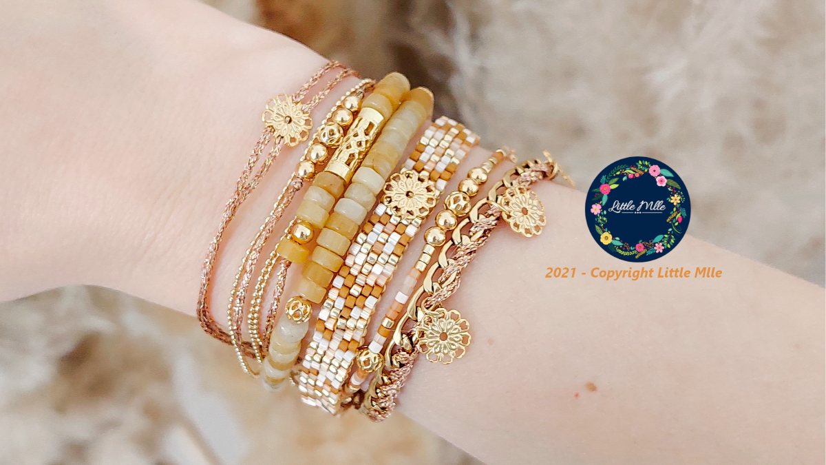 Bracelet multirangs effet stacking en Agate teintée Topaze et perles Miyuki avec fermoir Hiilos