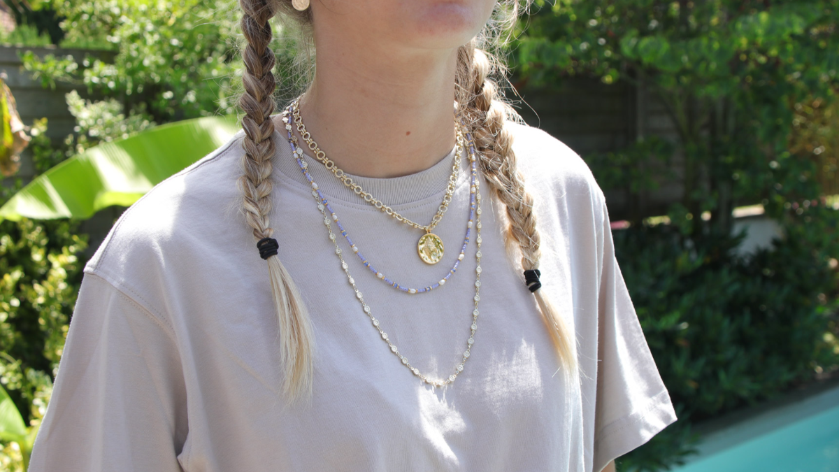 Schéma Tuto Collier Multirangs avec perles de rocailles rayées bleues et chaînes fantaisie