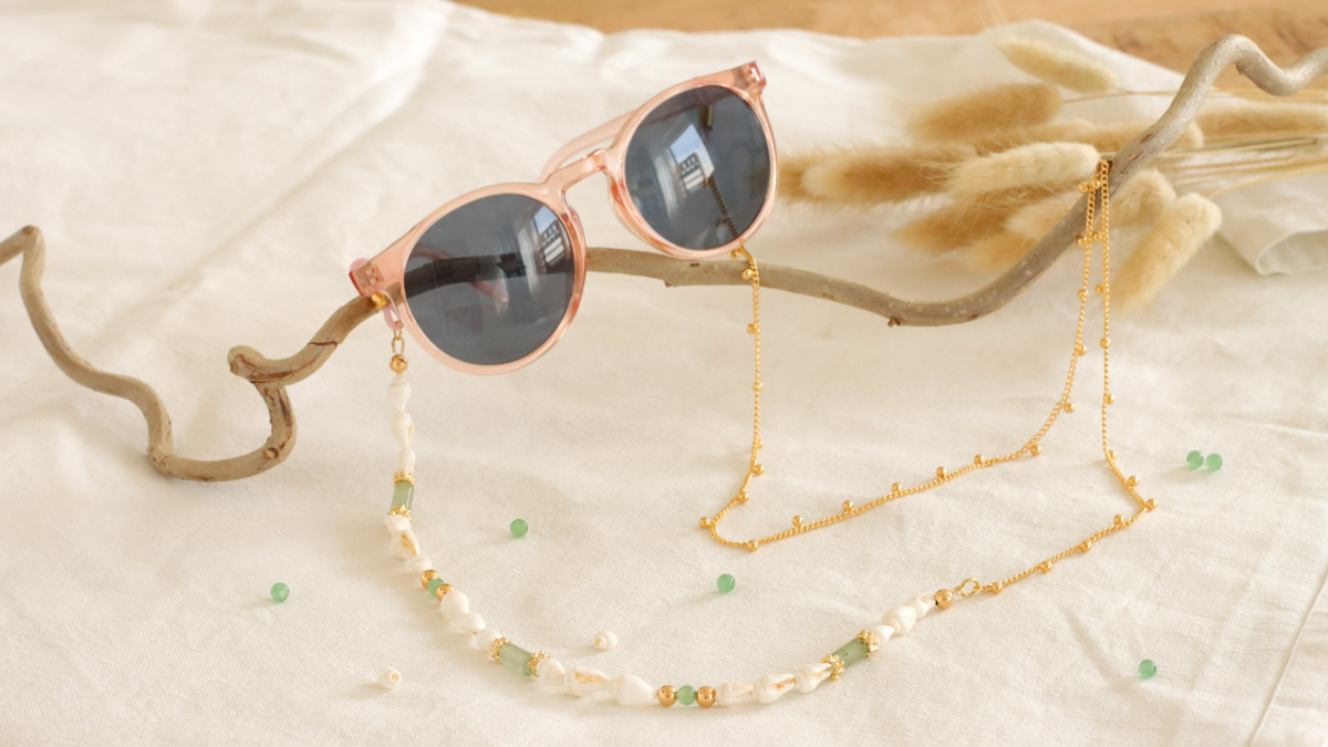 DIY Chaine de lunettes coquillage et perles en Aventurine