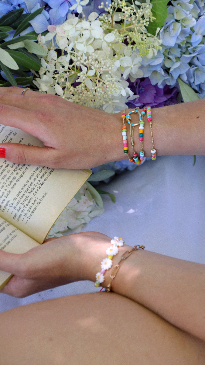 Schéma Bracelet noeud coulissant avec fleurs marguerites en nacre et perles de rocailles 6/0