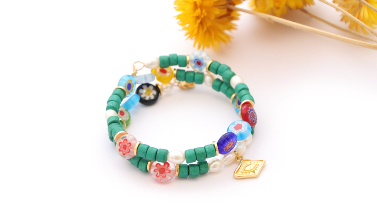 Bracelet Jonc Multirang perles Millefiori et heishi céramique