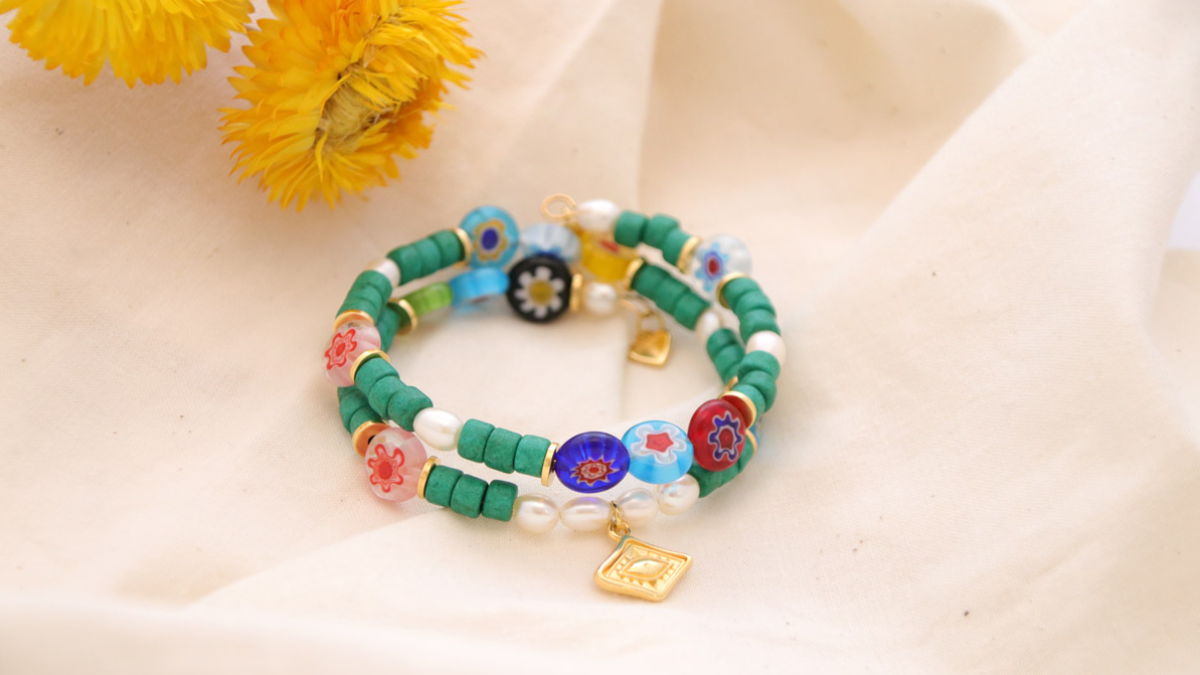 Schéma Bracelet Jonc Multirang perles Millefiori et heishi céramique