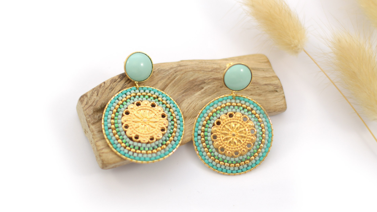 Boucles d'oreilles rondes en perles de rocailles turquoise tissage Brick Stitch