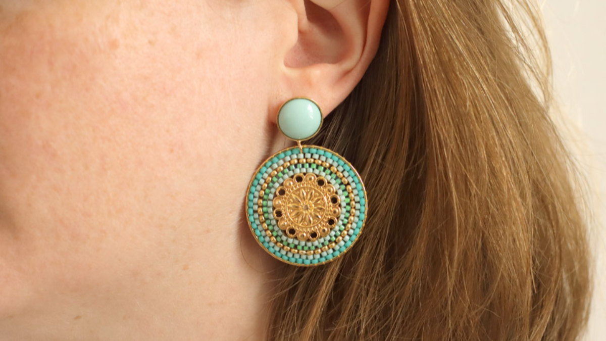 Schéma Boucles d'oreilles rondes en perles de rocailles turquoise tissage Brick Stitch