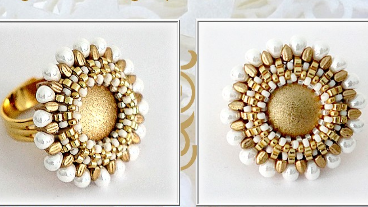 Bague Sally par Puca avec cabochons et rocailles Miyuki argenté et bleu