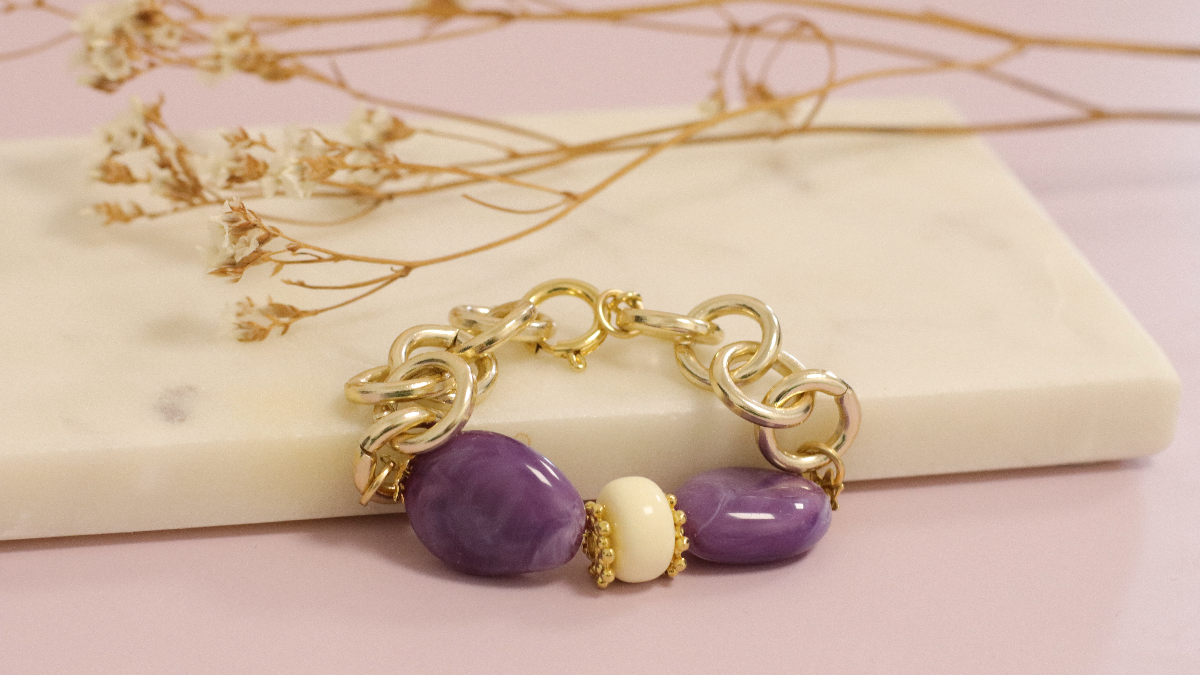 Bracelet vintage chaîne gros maillons et palets en résine