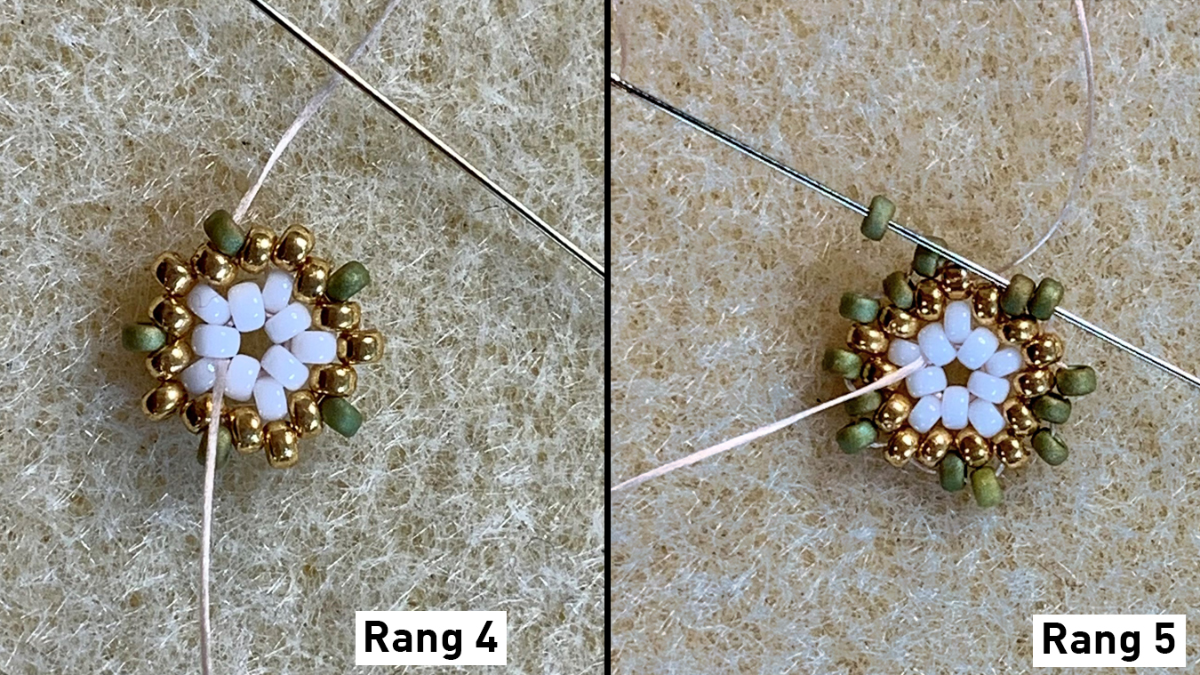 Boucles d'oreilles en tissage peyote circulaire 3D sur cabochons bois et estampes : Etape 3