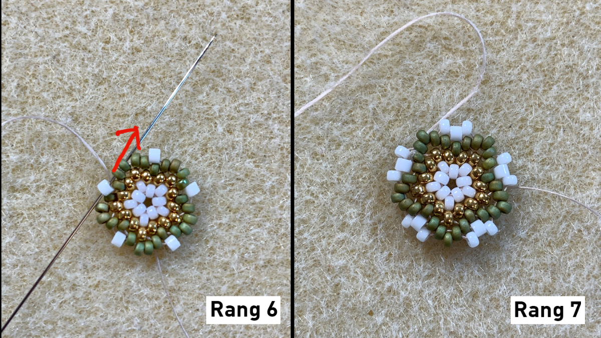 Boucles d'oreilles en tissage peyote circulaire 3D sur cabochons bois et estampes : Etape 4