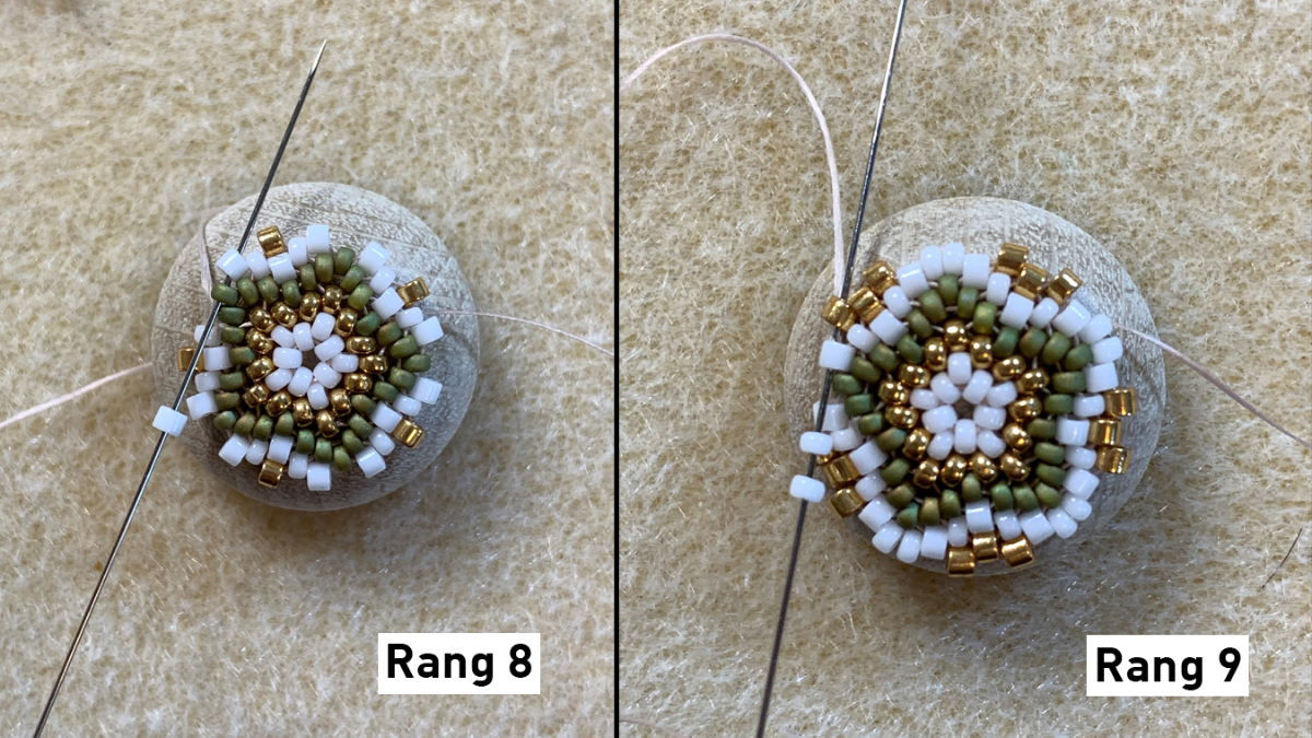 Boucles d'oreilles en tissage peyote circulaire 3D sur cabochons bois et estampes : Etape 5