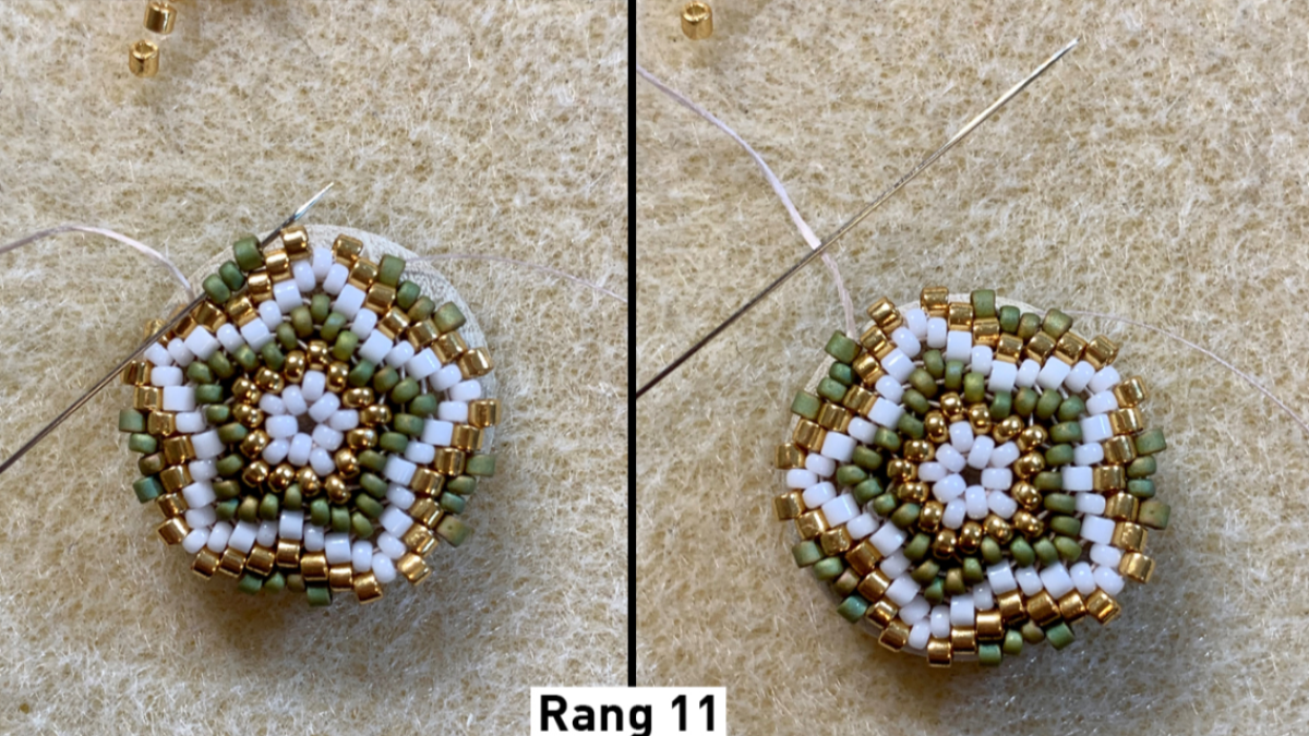 Boucles d'oreilles en tissage peyote circulaire 3D sur cabochons bois et estampes : Etape 7