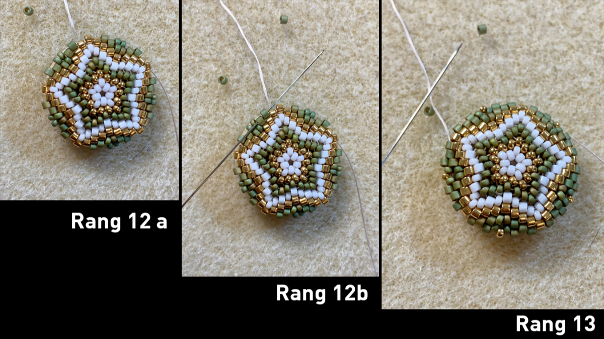 Boucles d'oreilles en tissage peyote circulaire 3D sur cabochons bois et estampes : Etape 8