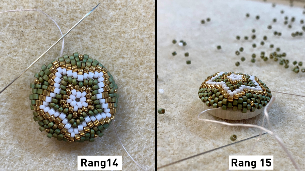 Boucles d'oreilles en tissage peyote circulaire 3D sur cabochons bois et estampes : Etape 9