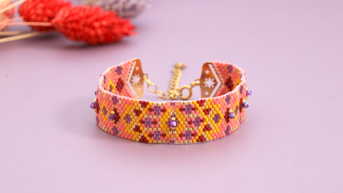 Schéma Bracelet Peyote Impair en Miyuki delicas et toupies PureCrystal fermoir étoiles