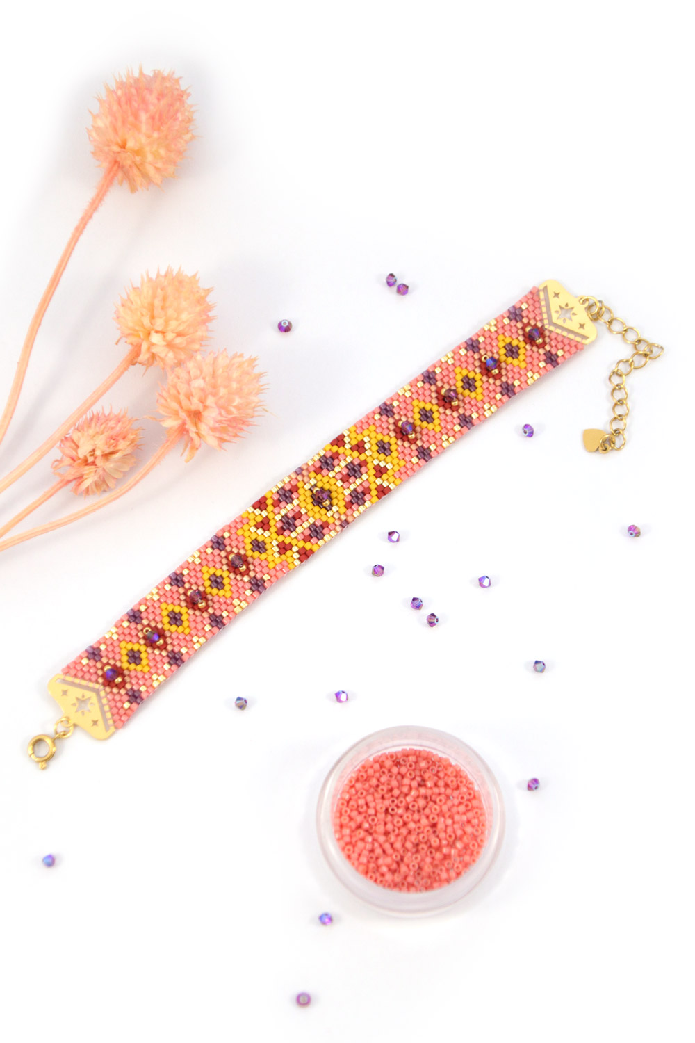 Schéma Bracelet Peyote Impair en Miyuki delicas et toupies PureCrystal fermoir étoiles