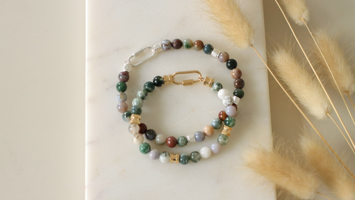 Bracelet duo couple pour la saint valentin en Agate indienne et agate arbre