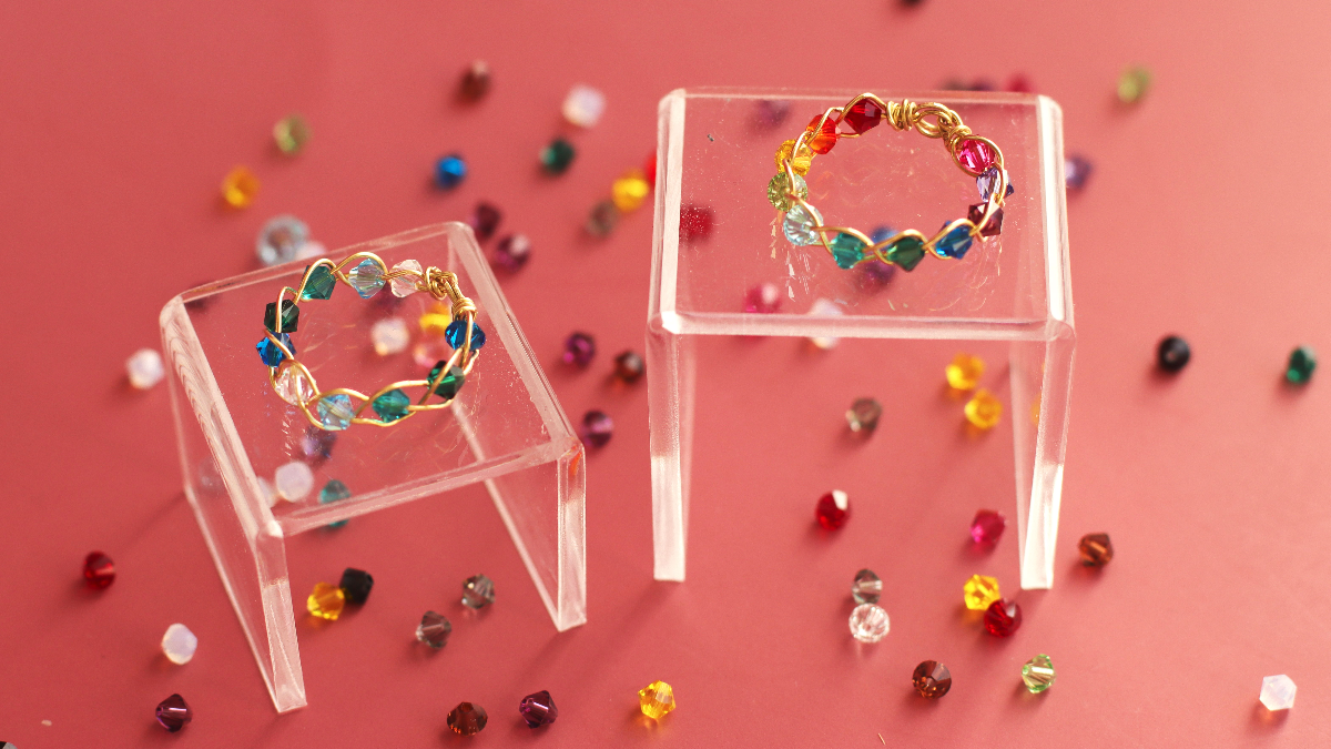 DIY Bague débutant tressage toupies PureCrystal arc-en-ciel