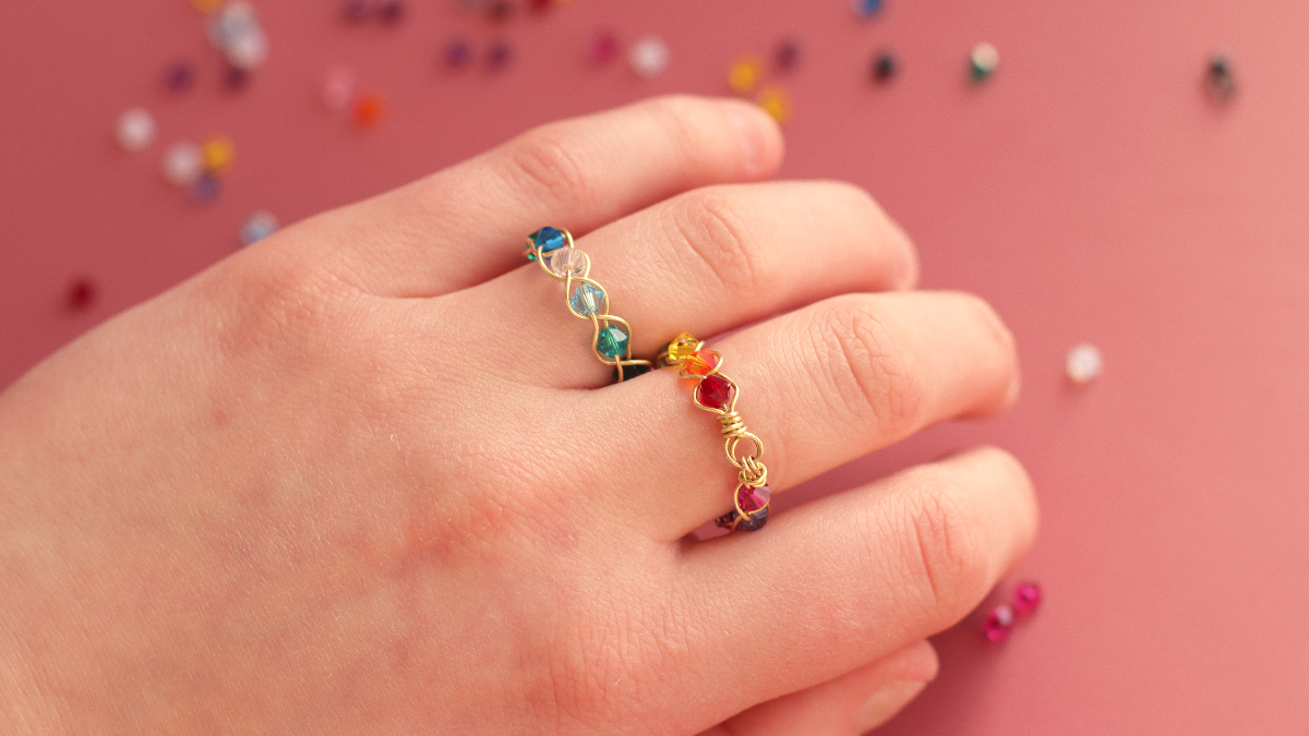 Schéma DIY Bague débutant tressage toupies PureCrystal arc-en-ciel