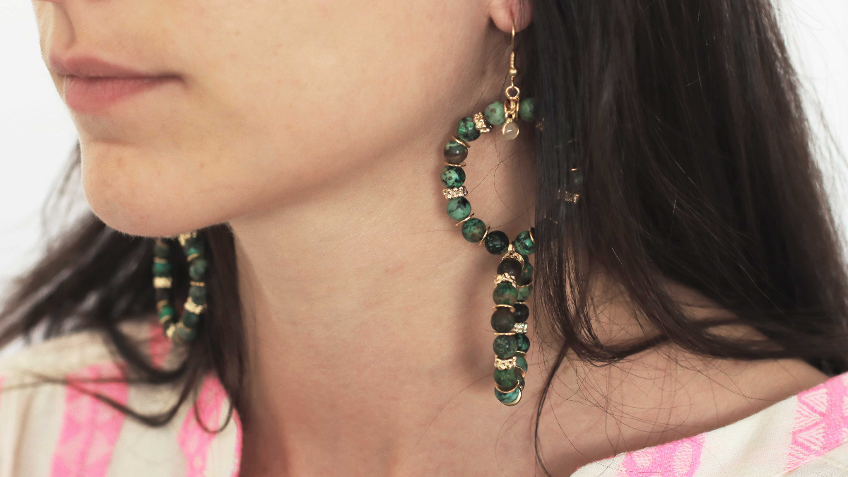 Boucles d'oreilles pendantes double anneau avec Turquoise Africaine