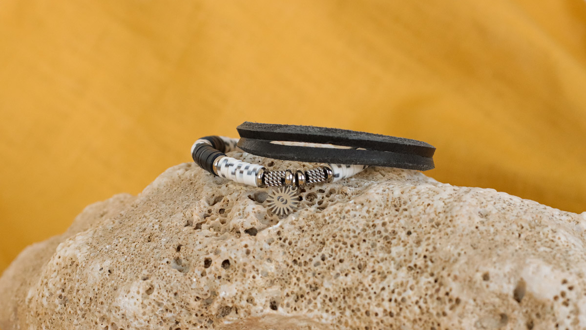 Schéma Duo de Bracelets homme acier inox, cordon cuir et perles heishi