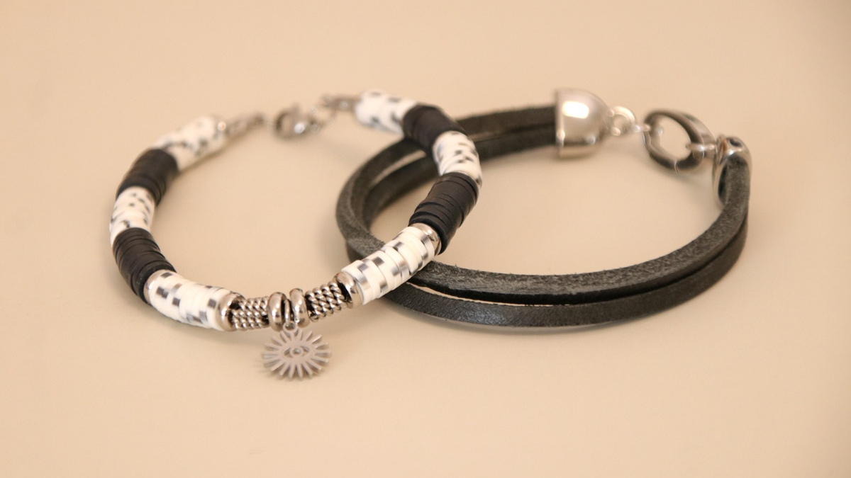Duo de Bracelets homme acier inox, cordon cuir et perles heishi : Etape 5
