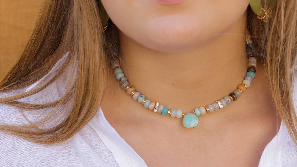 Schéma Tuto collier ras de cou perles en pierre gemme Amazonite