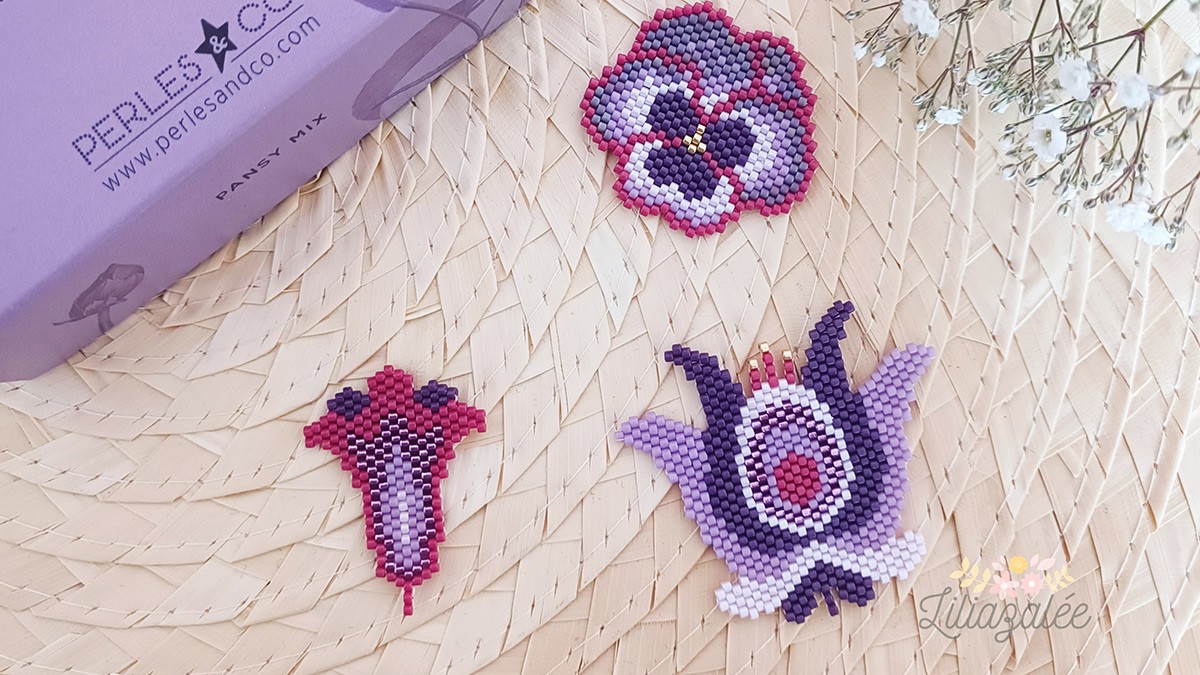 Schéma DIY Tissage fleurs Pansy en perles Miyuki technique brickstitch