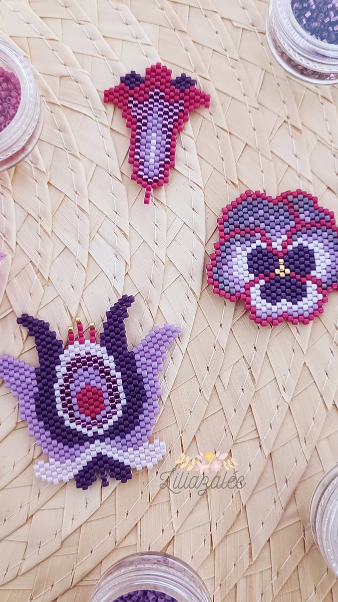 Schéma DIY Tissage fleurs Pansy en perles Miyuki technique brickstitch