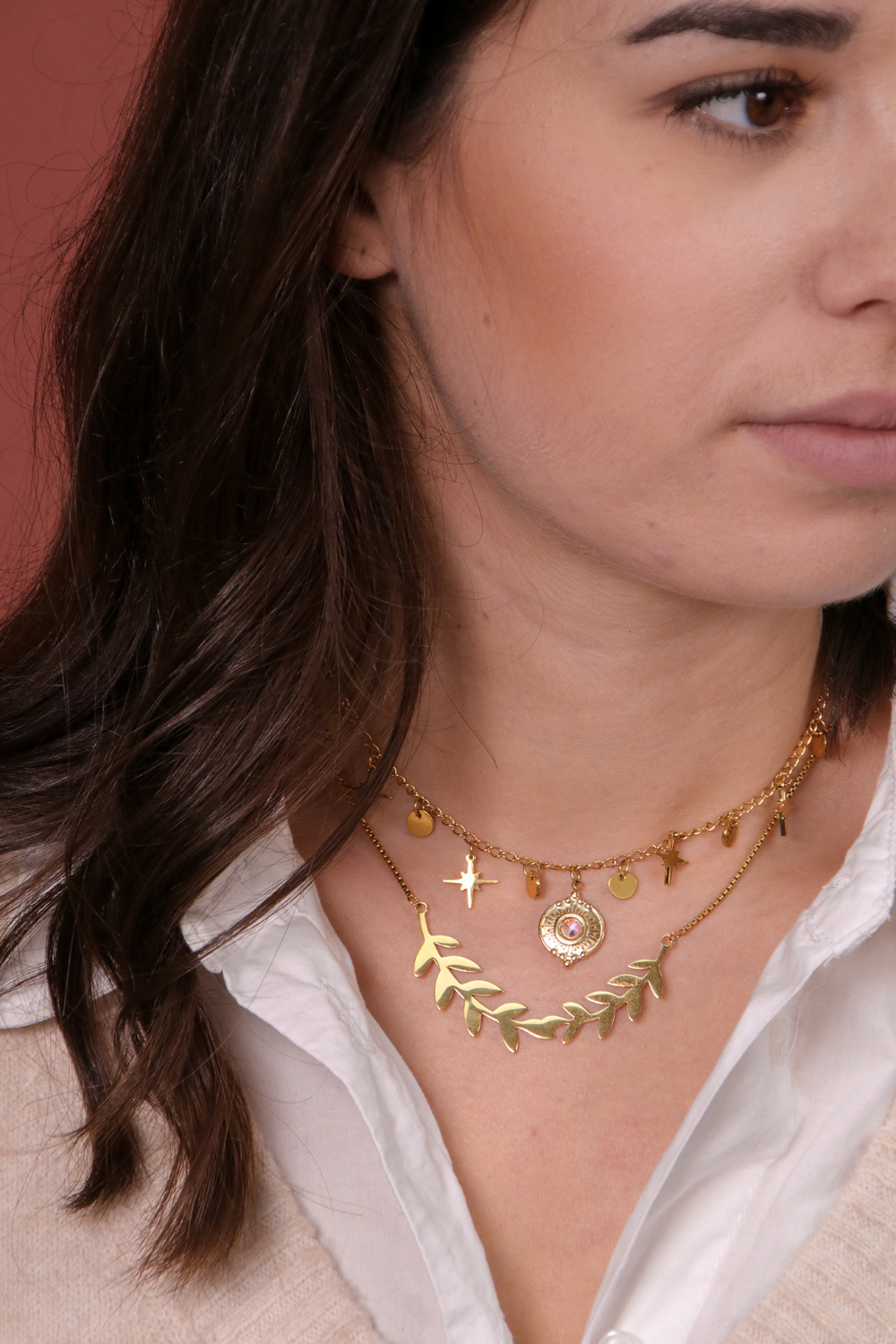 Schéma Deux Colliers en acier inox doré pendentif branche