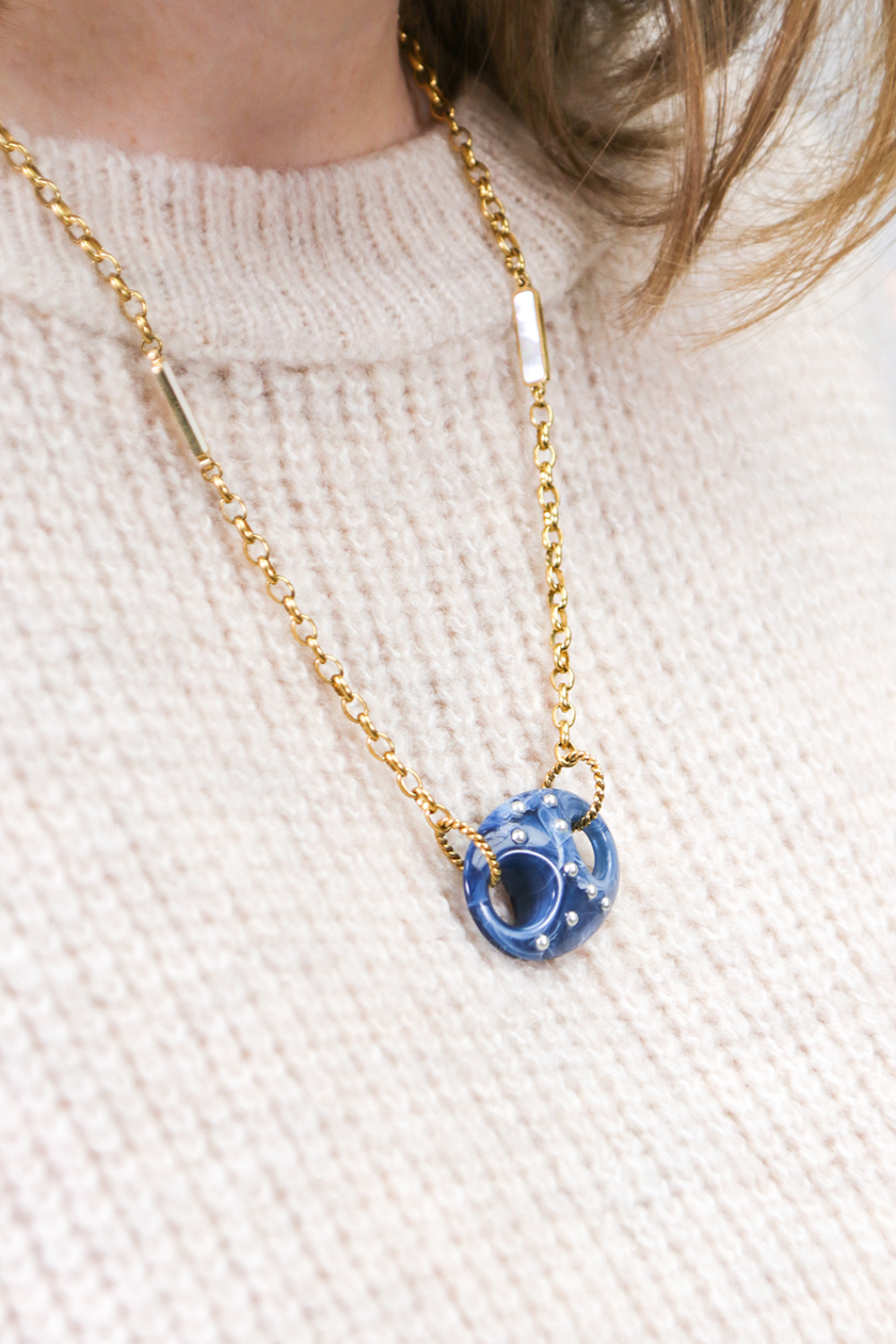 Schéma DIY Collier acier inox maillon grain de café et intercalaire en nacre