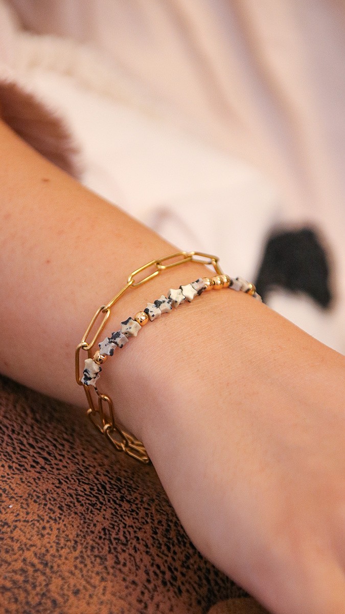 Schéma Bracelet étoiles en pierre Jaspe dalmatien et chaîne rectangle en acier inox