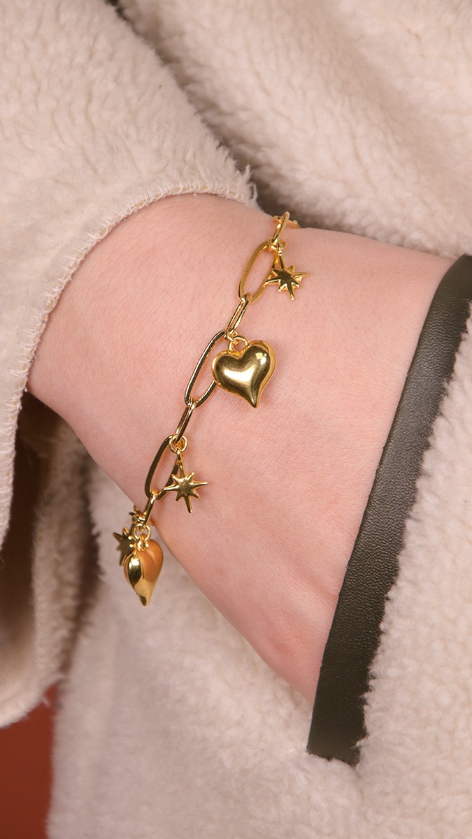 Schéma Bracelet chaîne avec breloques cœur et étoile du Nord Schéma Bracelet chaîne avec breloques cœur et étoile du Nord