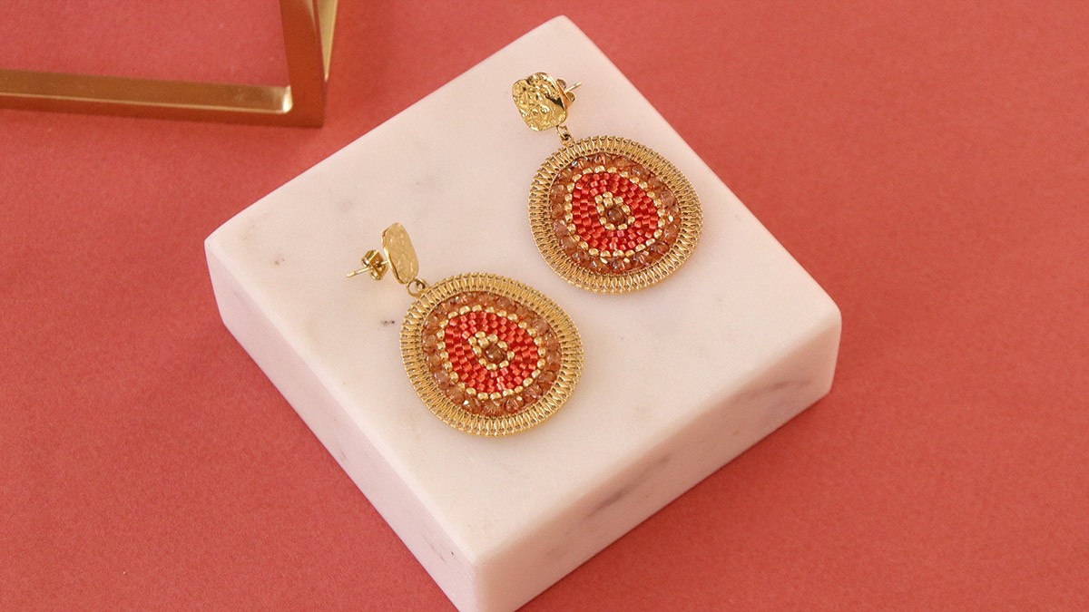 Schéma Boucles d'oreilles Miyuki orange et perles à facette effet tissage Géode Schéma Boucles d'oreilles Miyuki orange et perles à facette effet tissage Géode