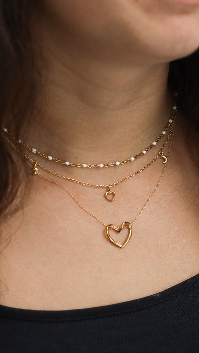 Schéma Trio de colliers pendentifs coeurs en acier inoxydable doré