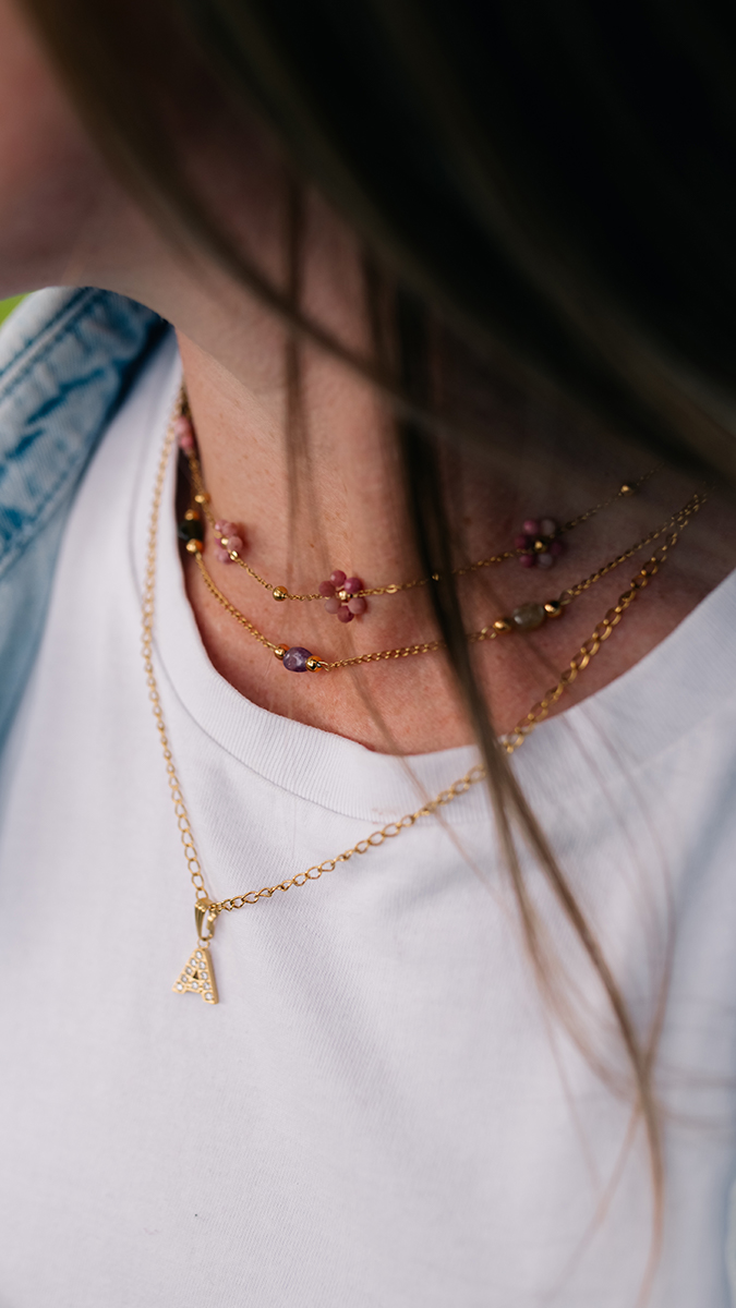 Schéma Colliers avec pierres naturelles et breloque lettre Schéma Colliers avec pierres naturelles et breloque lettre