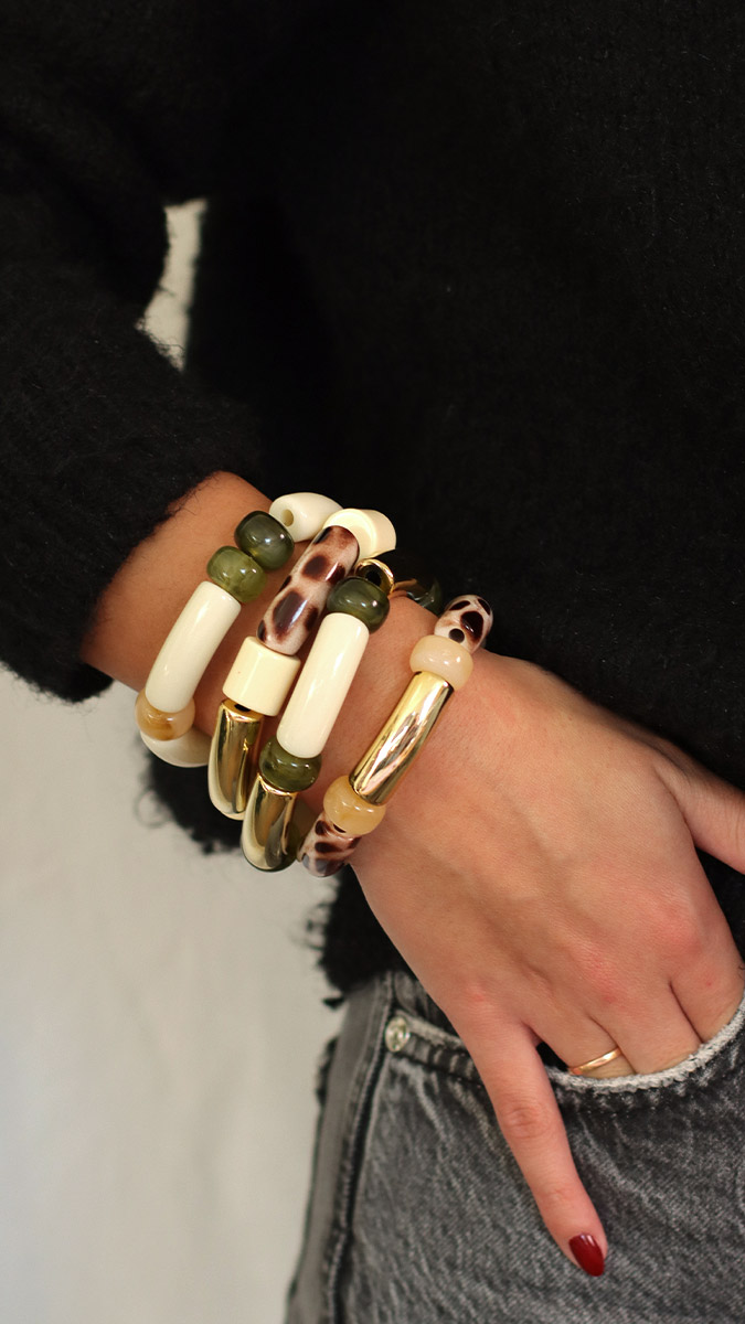 Schéma Bracelets perles tubes incurvées léopard et kaki