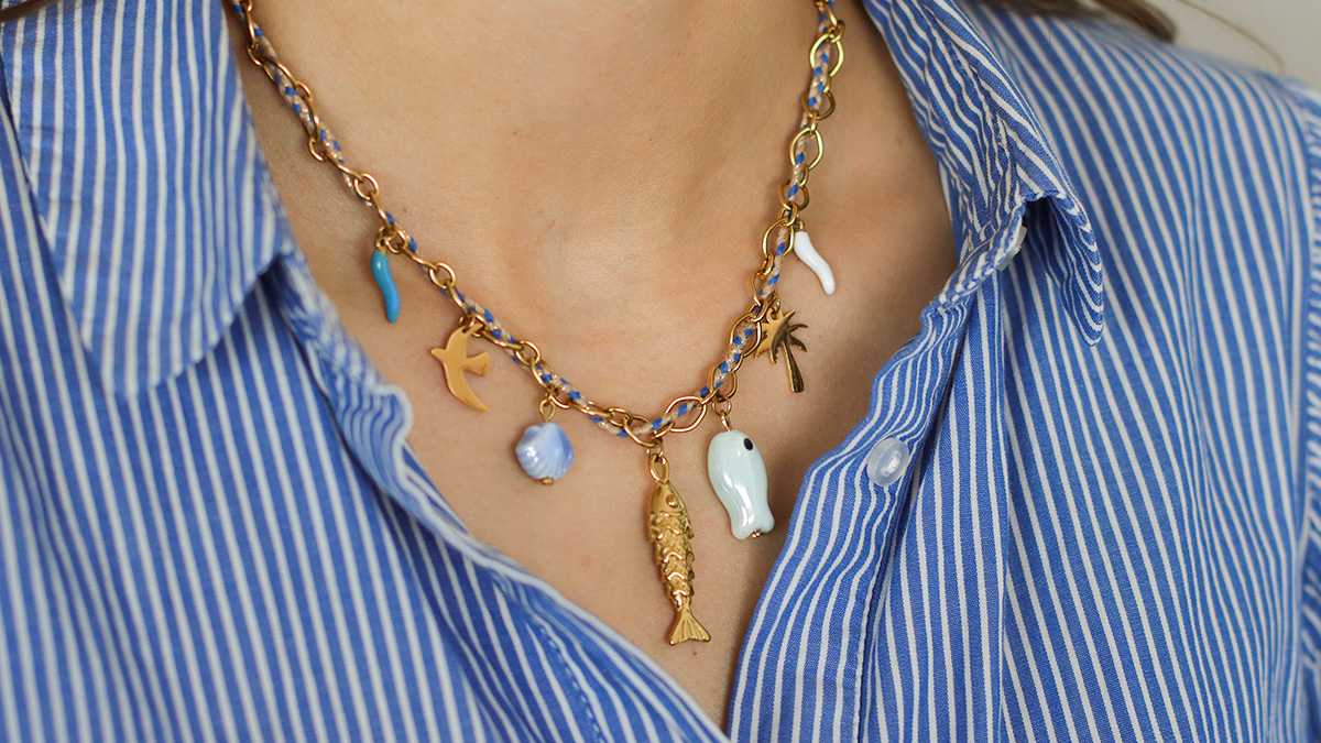 Collier charms en acier inoxydable bleu et blanc